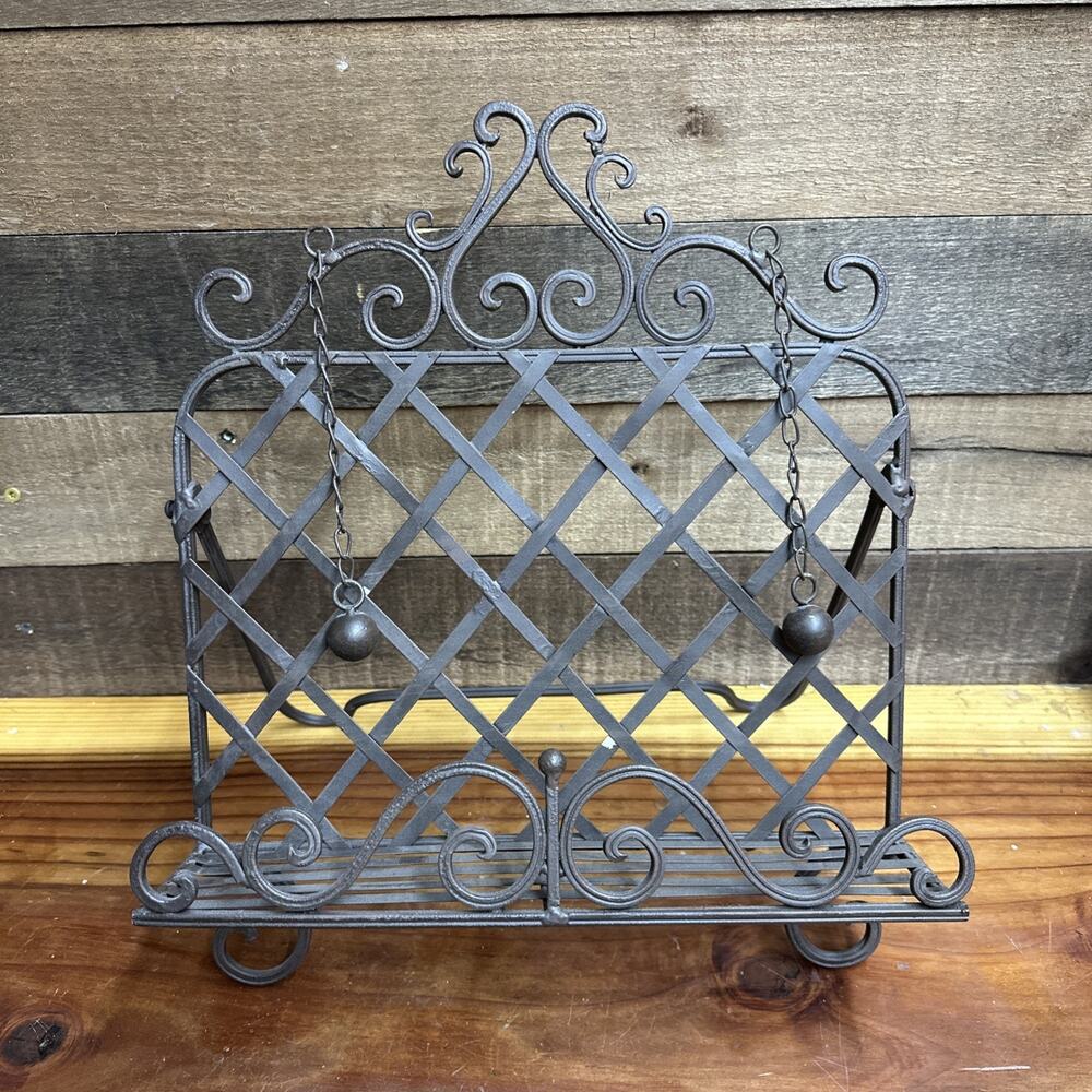 Vintage Brown Rustic Iron Cookbook Holder Stand with Weights Country Farmhouse